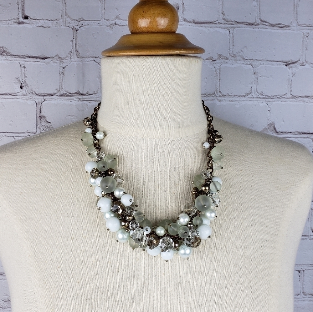 Banana Republic Pearl Crystal Frosted Beaded  Statement Necklace Wedding Bridal